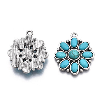 Synthetic Turquoise Pendants, with Antique Silver Tone Aolly Findings, Cadmium Free & Lead Free, Flower, Sky Blue, 27.5x24.5x4.5mm, Hole: 2mm