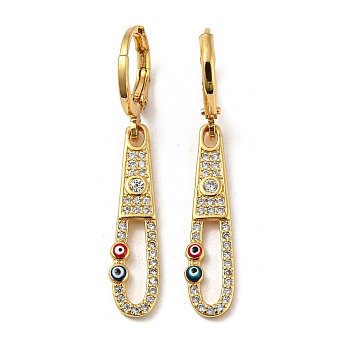 Real 18K Gold Plated Brass Dangle Leverback Earrings, with Enamel and Cubic Zirconia, Evil Eye, FireBrick, 38.5x6mm
