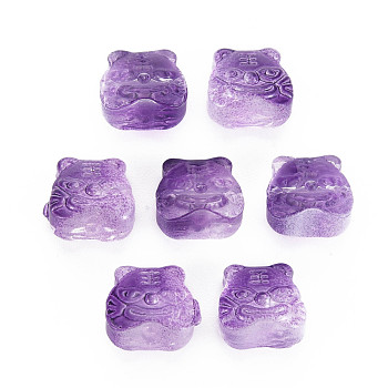 Two Tone Transparent Spray Painted Glass Beads, Chinese Zodiac Signs Tiger, Dark Violet, 11.5x12x8mm, Hole: 1mm
