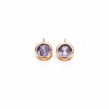 Brass Charms, with Rhinestone, Nickel Free, Flat Round, Real 18K Gold Plated, Tanzanite, 7x5x3mm, Hole: 1mm