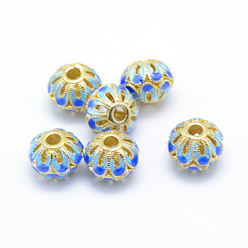 Electroplate Brass Enamel Beads, Cadmium Free & Lead Free, Rondelle, Golden, Deep Sky Blue, 11x8.5mm, Hole: 3mm