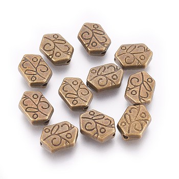 Tibetan Style Alloy Beads, Cadmium Free & Nickel Free & Lead Free, Hexagon, Antique Bronze, 11.5x8x4mm, Hole: 1mm