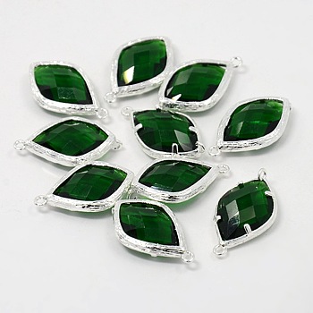 Silver Color Plated Brass Glass Links connectors, Faceted Rhombus, Green, 22x14x6mm, Hole: 1mm