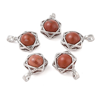 Natural Red Jasper Round Pendants, Stainless Steel Star of David Charms, Stainless Steel Color, 20x15.5x10.5mm, Hole: 3x5mm
