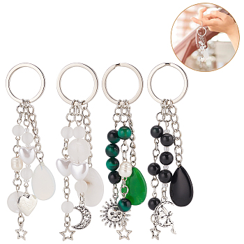 Gemstone with ABS Plastic Imitation Pearl Beaded Keychain with Star/Moon/Sun Alloy Pendants, for Keychain, Purse, Backpack Ornament, 8.5~10.5cm, 4pcs/set