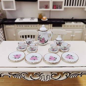 Mini Ceramic Tea Sets, including Cup, Teapot, Saucer, Micro Landscape Garden Dollhouse Accessories, Pretending Prop Decorations, Pearl Pink, 16~26x9~33mm, 15pcs/box