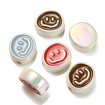 UV Plating Rainbow Iridescent Acrylic Enamel Beads, Oval with Smiling Face Pattern, Mixed Color, 19.5x21.5x9mm, Hole: 3.5mm