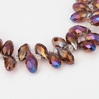 Electroplate Glass Beads Strands, Top Drilled Beads, Faceted Teardrop, AB Color Plated, Purple, 12~13x6mm, Hole: 1mm, about 95~99pcs/strand, 15.7~18 inch