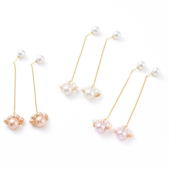 Glass Pearl Dangle Earrings, with Real 18K Gold Plated Brass Stud Earring Findings, Copper Wire and Acrylic Imitation Pearl Ear Nuts, Dog Paw Prints, Mixed Color, 110mm, Pin: 0.6mm
