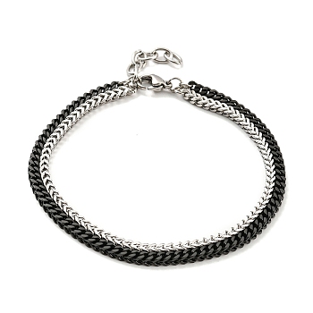 Two Tone 304 Stainless Steel Wheat Chains Double Layer Multi-strand Bracelets, Black and Stainless Steel, 7-1/2 inch(19.1cm)