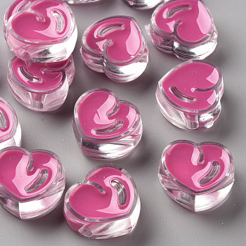 Transparent Enamel Acrylic Beads, Heart, Camellia, 20x21.5x9mm, Hole: 3.5mm