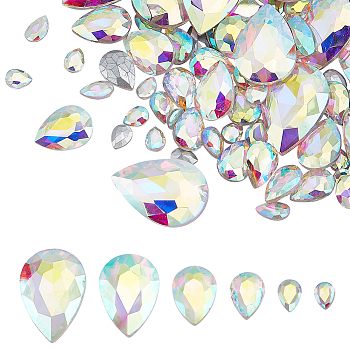 94Pcs 6 Style Pointed Back Glass Rhinestone Cabochons, Faceted, Teardrop, Crystal, 8~29x6~20x3~9mm