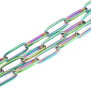 Ion Plating(IP) 304 Stainless Steel Paperclip Chains, Drawn Elongated Cable Chains, Soldered, with Spool, Rainbow Color, 12x4x1mm, 32.8 Feet(10m)/roll