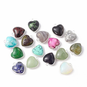 Natural & Synthetic Mixed Gemstone Pendants, with Silver Color Plated Brass Findings, Heart Charms, Mixed Dyed and Undyed, 18~19x15~17x7~10mm, Hole: 2mm