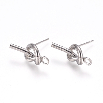 Rack Plating Brass Stud Earring Findings, with 316 Surgical Stainless Steel Pin and Loop, Knot, Platinum, 19x7.5x4mm, Hole: 2mm, Pin: 0.7mm