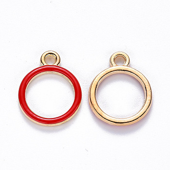 Alloy Enamel Pendants, Round Ring, Light Gold, Red, 16x13x2mm, Hole: 1.8mm