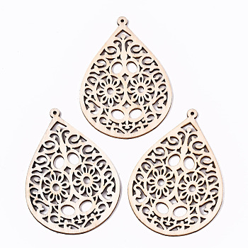 Undyed Natural Hollow Wooden Big Pendants, Laser Cut Shapes, Teardrop with Flower, Antique White, 72.5x50.5x2mm, Hole: 1.6mm