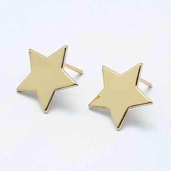 Brass Stud Earring Findings, with Loop and Flat Plate, Long-Lasting Plated, Real 18K Gold Plated, Nickel Free, Star, 16.5x17x1mm, Hole: 1mm, Pin: 1mm