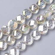 Electroplate Glass Beads Strands, Faceted, Flat Round, Full Rinbow Plated, Light Goldenrod Yellow, 8~8.5x4~4.5mm, Hole: 1mm, about 70~72pcs/strand, 21.2 inch(54cm)(EGLA-J149-B-FR06)