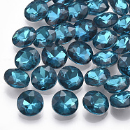 Pointed Back Glass Rhinestone Cabochons, Back Plated, Faceted, Flat Round, Teal, 14x5.8mm(RGLA-T029-14mm-15)
