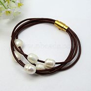 Fashion Bracelets, Cowhide Leather Cord with Freshwater Pearl Beads and Brass Magnetic Swivel Clasps, Coconut Brown, 185mm(X-BJEW-PJB347)