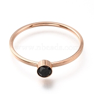 304 Stainless Steel Finger Rings, with Rhinestone, Flat Round, Rose Gold, Jet, US Size 7~7 3/4(17.3~17.9mm)(RJEW-B0005-7-02RG-A)
