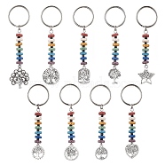 Tree of Life Tibetan Style Alloy Pendant Keychain, with 7 Chakra Natural Lava Rock & Glass Seed Beads and Iron Split Key Rings, Antique Silver & Platinum, 8.6~9.6cm, 9pcs/set(KEYC-JKC00687)