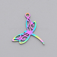 Ion Plating(IP) 201 Stainless Steel Pendants, Laser Cut, Dragonfly, Rainbow Color, 15x17.5x1mm, Hole: 1.4mm(STAS-N090-LA479)