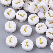 Plating Acrylic Beads, Golden Metal Enlaced, Horizontal Hole, Flat Round with Alphabet, White, Letter.L, 7x3.5mm, Hole: 1.2mm, about 3600pcs/500g(PACR-R242-01L)