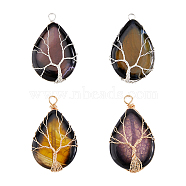 4Pcs 4 Colors Natural Crackle Agate Pendants, Dyed, with Eco-Friendly Copper Wire Wrapped, Teardrop with Tree Charm, Golden & Silver, 49~52x31~32x9~11mm, Hole: 3.2~3.8mm, 1pc/color(FIND-FH0006-56)