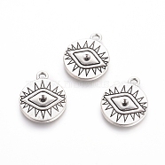 Rack Plating Tibetan Style Alloy Pendant Rhinestone Settings, Flat Round with Evil Eye, Antique Silver, 19.5x15.5x2mm, Hole: 1.5mm, Fit For SS3.5(1.4~1.5mm) Rhinestone(X-TIBEP-L005-08AS)