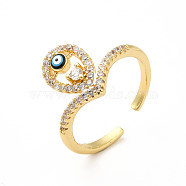 Clear Cubic Zirconia Teardrop with Enamel Evil Eye Open Cuff Ring, Brass Jewelry for Women, Real 18K Gold Plated, US Size 7 3/4(17.9mm)(KK-H439-56G)