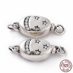 925 Sterling Silver Bayonet Clasps, with Cubic Zirconia, Oval, Thailand Sterling Silver Plated, 7.5x17x4.5mm, Hole: 2mm(STER-D035-15AS)