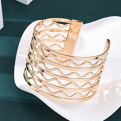 Wave Iron Cuff Bangles for Women, Hollow Out, Light Gold, 1-1/2 inch(3.9cm), Inner Diameter: 2-3/8 inch(6.05cm)(BJEW-G741-03KCG)