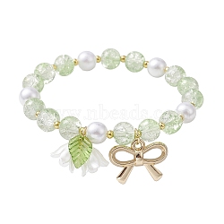 Imitation Pearl Glass & Acrylic Round Beaded Stretch Bracelets, with Alloy Bowknot Charms, Pale Green, Inner Diameter: 2 inch(5cm)(BJEW-JB10083-02)