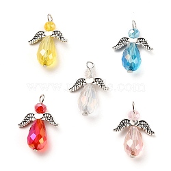 Electroplate Glass Pendants, with Wing Alloy Beads and Iron Findings, Angel, Antique Silver & Platinum, Mixed Color, 27~29x20x9~10mm, Hole: 2.5mm(PALLOY-JF00505)