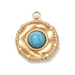 Synthetic Turquoise Pendants, 304 Stainless Steel Flat Round Bezeled Charms, Golden, 18.5x15.5x4.5mm, Hole: 1.8mm(SA-CBA50C9-05G)