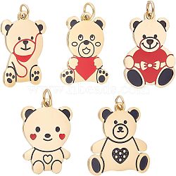 5Pcs 5 Style 316 Surgical Stainless Steel Enamel Pendants, Little Bear Shape, Red & Black, Golden, 16~16.5x11.5~16x0.8mm, 1pc/style(STAS-UN0035-99)