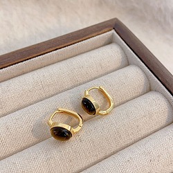 Brass Tiger Eye Hoop Earrings, Real 18K Gold Plated, Oval, 14x7mm(EJEW-B120-05G-02)