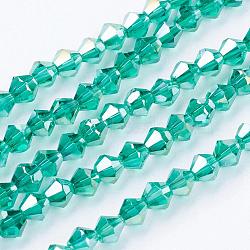 Glass Beads Strands, AB Color Plated, Faceted, Bicone, Light Sea Green, 4x4mm, Hole: 1mm, about 82~85pcs/strand, 30.5~31cm(EGLA-S056-12)