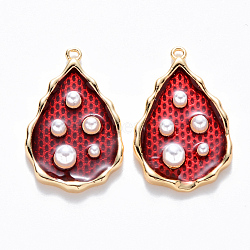 Brass Enamel Pendants, with ABS Plastic Imitation Pearl, Nickel Free, Teardrop, Real 18K Gold Plated, FireBrick, 21x13.5x4mm, Hole: 1mm(KK-T049-053G-03-NF)