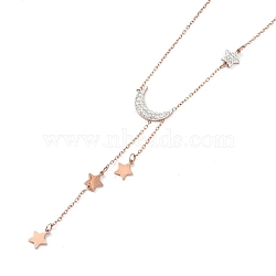 Ion Plating(IP) 304 Stainless Steel with Polymer Clay Rhinestone Necklaces, Star & Moon Pendant Necklaces for Women, Rose Gold, 16.73 inch(42.5cm)(NJEW-G081-09RG)