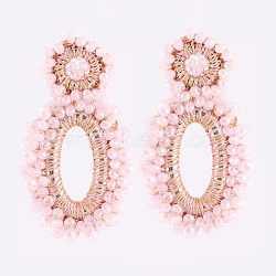 Rhinestone Braided Ear Studs for Women, Oval, Bohemian Style, Misty Rose, 70x43mm(FIND-PW0024-19F)