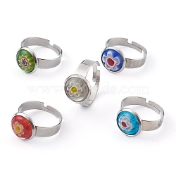 Adjustable Handmade Millefiori Glass Finger Rings, with 304 Stainless Steel Findings, Flower, Mixed Color, Ring Surface: 12mm, US Size 6 3/4(17.1mm)(RJEW-JR00322)