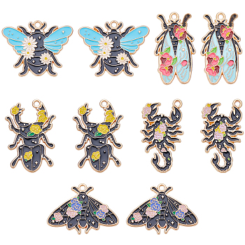 20Pcs 5 Style Insect Series Alloy Enamel Pendants, Light Gold, Bees/Beetle/Butterfly/Scorpion/Cicada, Mixed Color, 22~31x17~30x1.5mm, Hole: 1.8mm, 4pcs/style