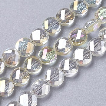 Electroplate Glass Beads Strands, Faceted, Flat Round, Full Rinbow Plated, Light Goldenrod Yellow, 8~8.5x4~4.5mm, Hole: 1mm, about 70~72pcs/strand, 21.2 inch(54cm)