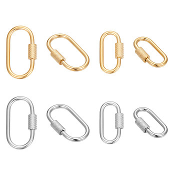 4Pcs 4 Style Ion Plating(IP) 304 Stainless Steel Screw Carabiner Lock Charms, for Necklaces Making, Oval, Golden & Stainless Steel Color, 22~26x11~14x4mm, Screw: 7~8x4mm, 1pc/style