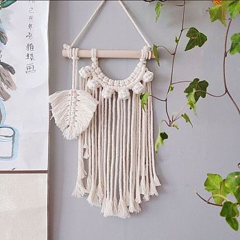 Cotton Cord Macrame Woven Wall Hanging, with Plastic Non-Trace Wall Hooks, for Nursery and Home Decoration, Floral White, 545x210x21mm