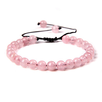 Natural Rose Quartz Round Bead Adjustable Braided Bracelets, 6mm