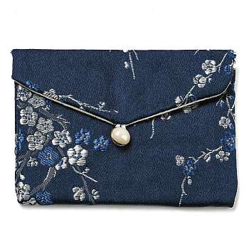 Chinese Style Floral Cloth Jewelry Storage Pouches, with Plastic Button, Rectangle Jewelry Gift Case for Bracelets, Earrings, Rings, Random Pattern, Midnight Blue, 8x10x0.3~0.7cm